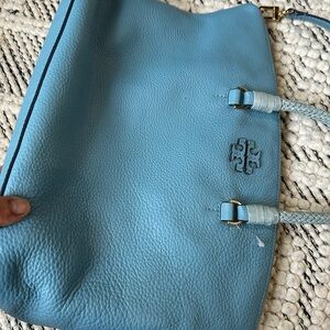 Tory Burch Light Blue Pebbled Leather Tote with Braided Straps